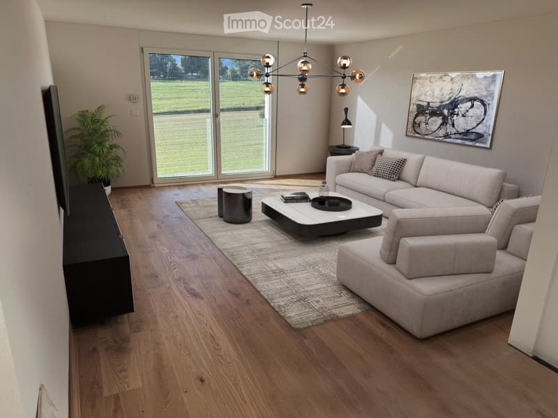 living room with couch, center table, floor lamp, rug, painting, potted plant, TV