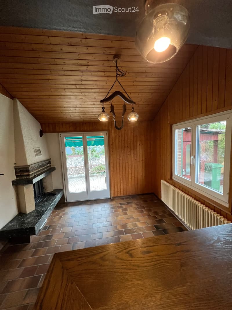 Living room with wooden walls and ceiling, fireplace, large windows, radiator, and a wooden table.