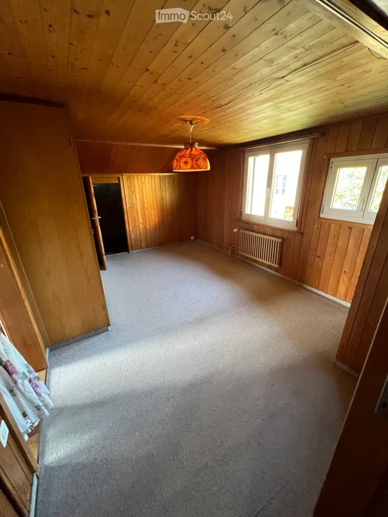 Empty room with wooden walls and ceiling, carpeted floor, large windows, and a visible radiator. No furniture or equipment present.