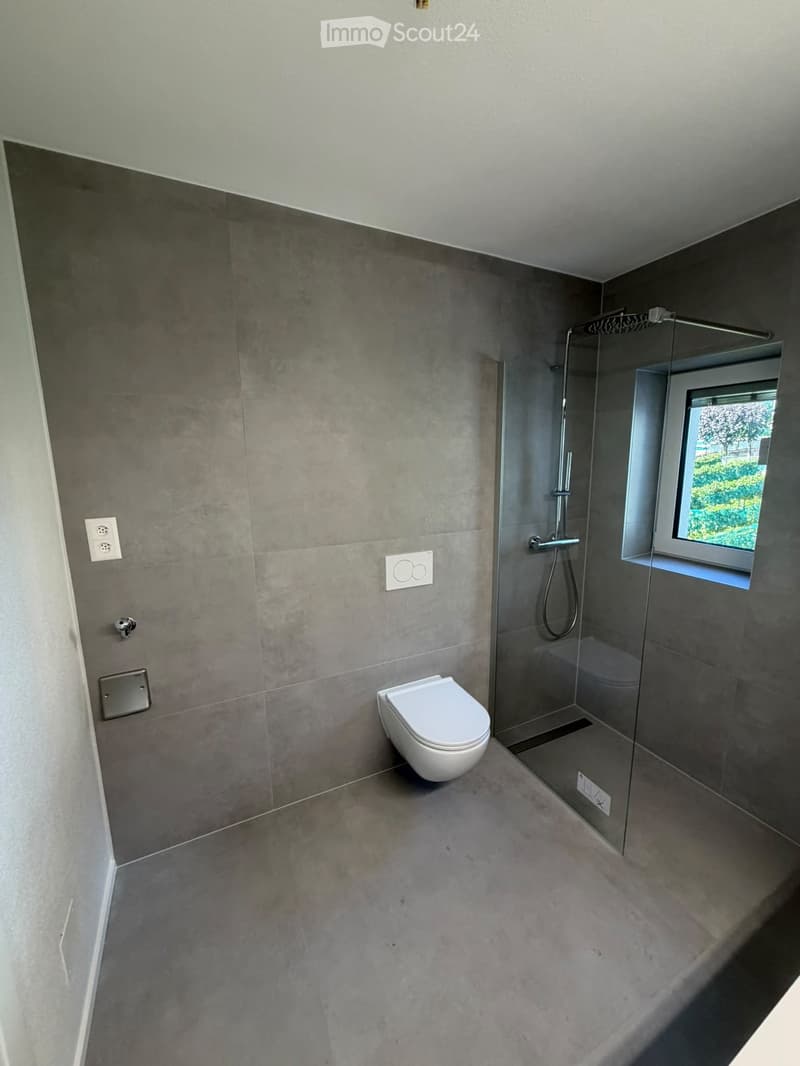 Modern bathroom with grey tiled walls and floor, white toilet, glass-enclosed shower, and a window providing natural light.