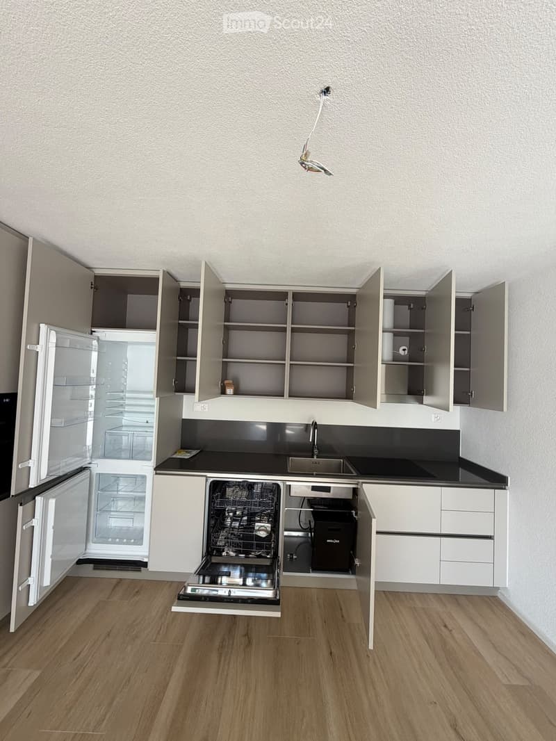 Modern kitchen with light-colored cabinets, stainless steel appliances, and a black countertop.