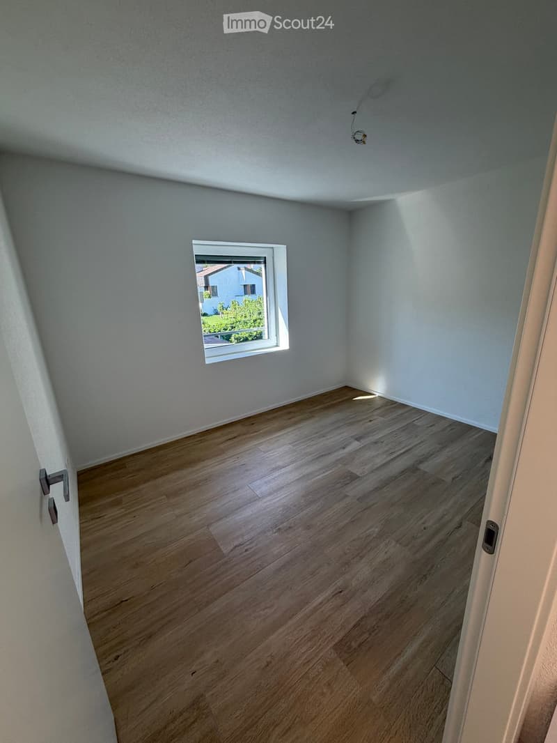 Empty room with light grey walls, wooden flooring, and a single window letting in natural light.
