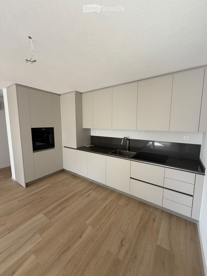 Modern kitchen with white cabinets, black countertops, wooden flooring, and stainless steel sink and faucet.