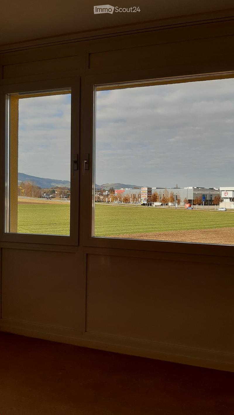 Empty room with large windows showing a view of a green field, distant buildings, and mountains under a partly cloudy sky.