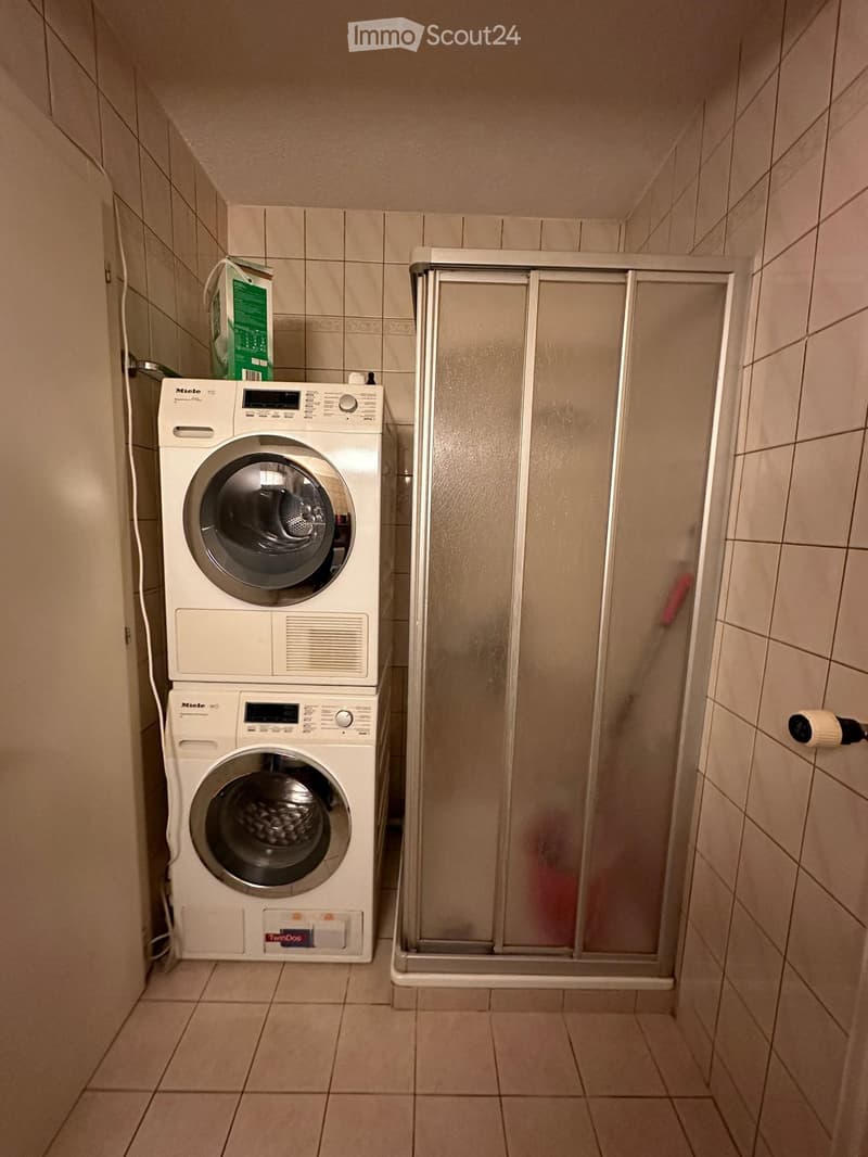 Bathroom with a washing machine and a shower stall.