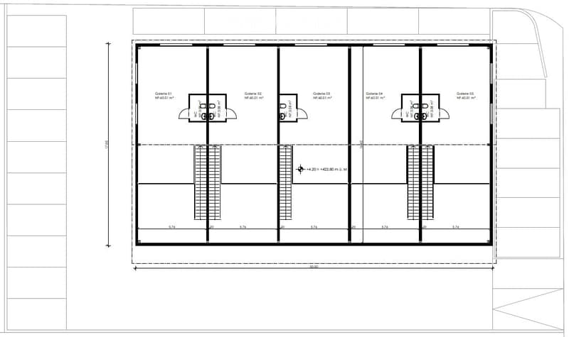 Floor plan showing five gallery spaces (Galerie 01 to Galerie 05), each with dimensions of 60.01 m², featuring central circulation areas and designated zones for storage or equipment.