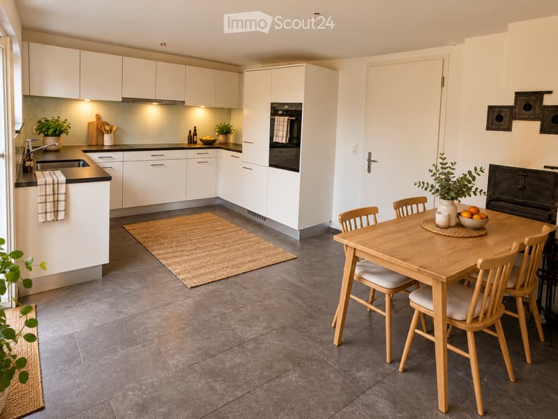 Modern kitchen with white cabinets, a central island, and a dining area featuring a wooden table and chairs. The space includes a sink, oven, and various decorative items such as plants and a bowl on the table.
