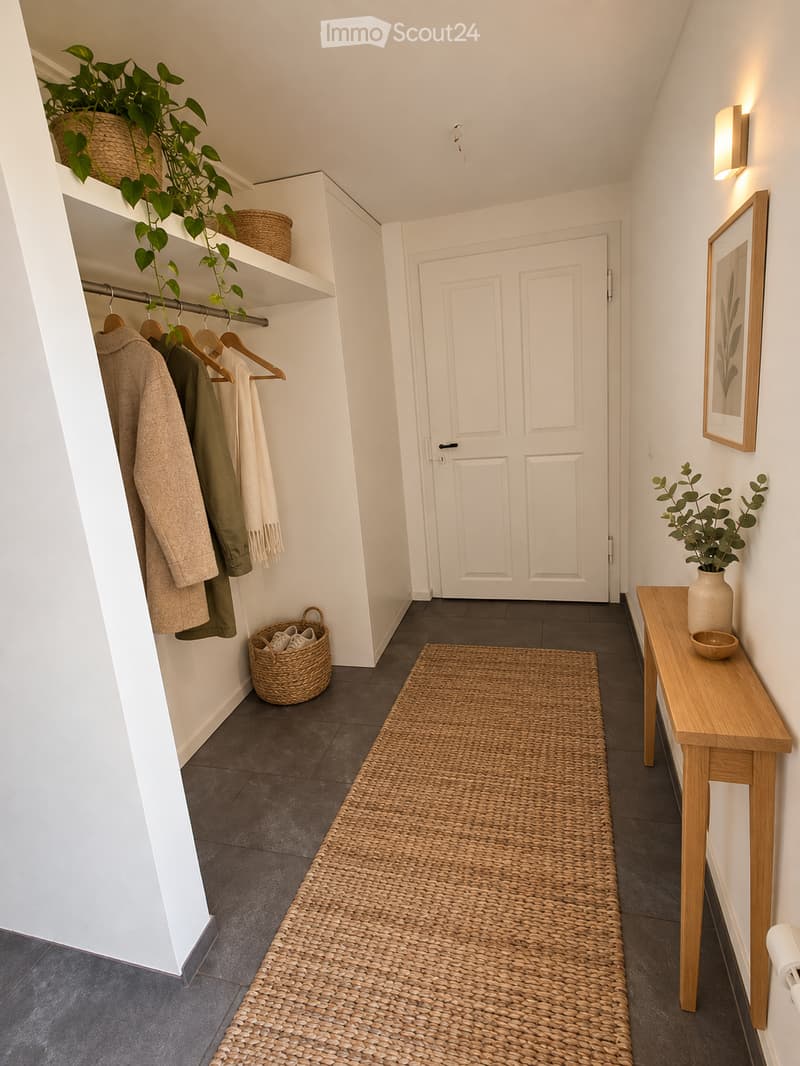 Modern hallway with dark tiled floor, white walls, built-in coat rack with hanging coats, woven baskets, small wooden console table with vase and bowl, woven runner rug, and a framed picture on the wall.