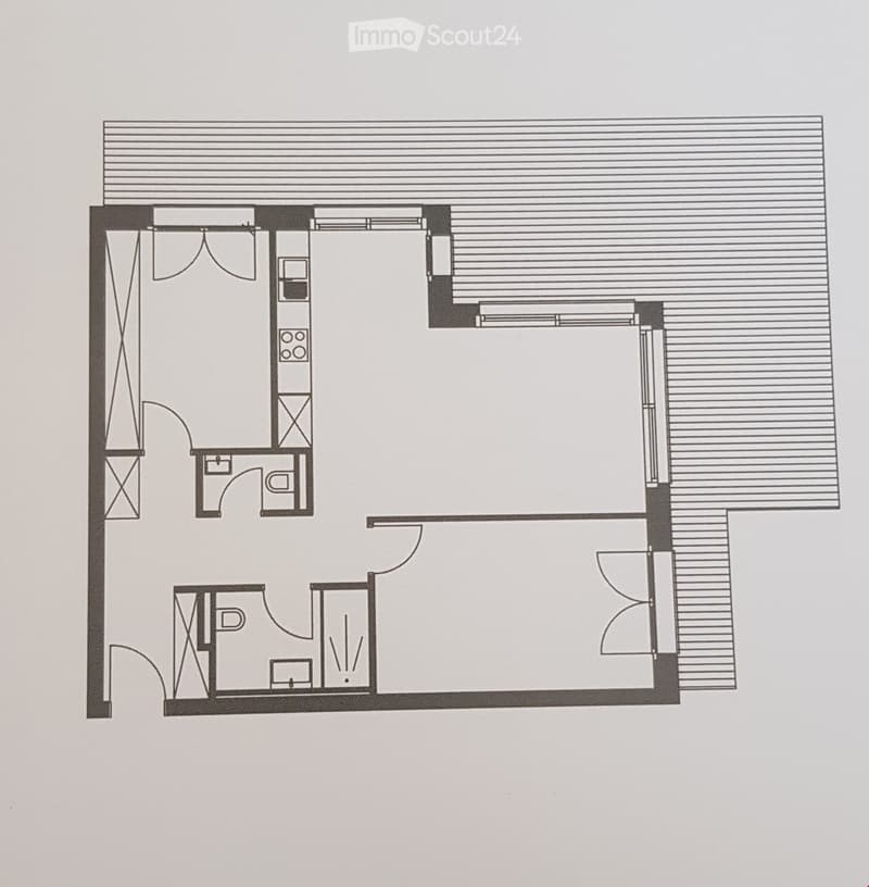 Layout includes a living room, kitchen, bedroom, bathroom, and a small hallway leading to a staircase.