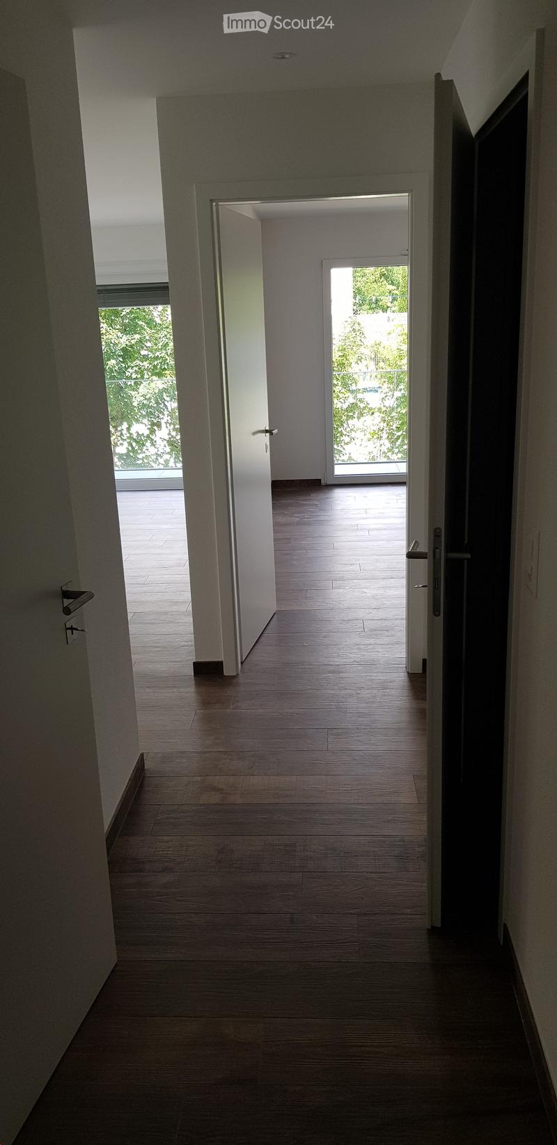 Empty hallway with wooden flooring, white walls, and open doors leading to other rooms and outdoor areas.