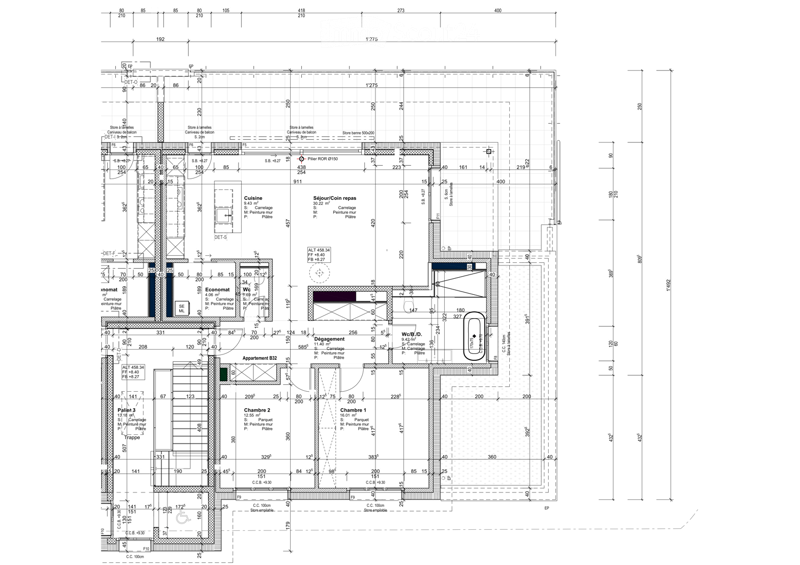 Floor plan of a multi-story building with labeled rooms, dimensions, and structural details. Includes areas for storage, living spaces, and technical rooms.