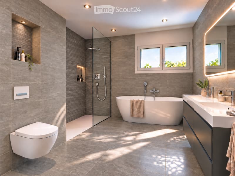 Modern bathroom with a freestanding bathtub, toilet, sink, and glass-enclosed shower. Features include a large window, sleek fixtures, and a built-in shelf with decorative items.