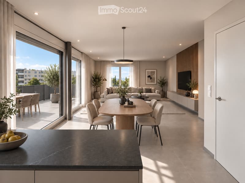 Modern, open-plan living and dining area with large windows offering a view, featuring a sofa, coffee table, dining table with chairs, television, and decorative plants.