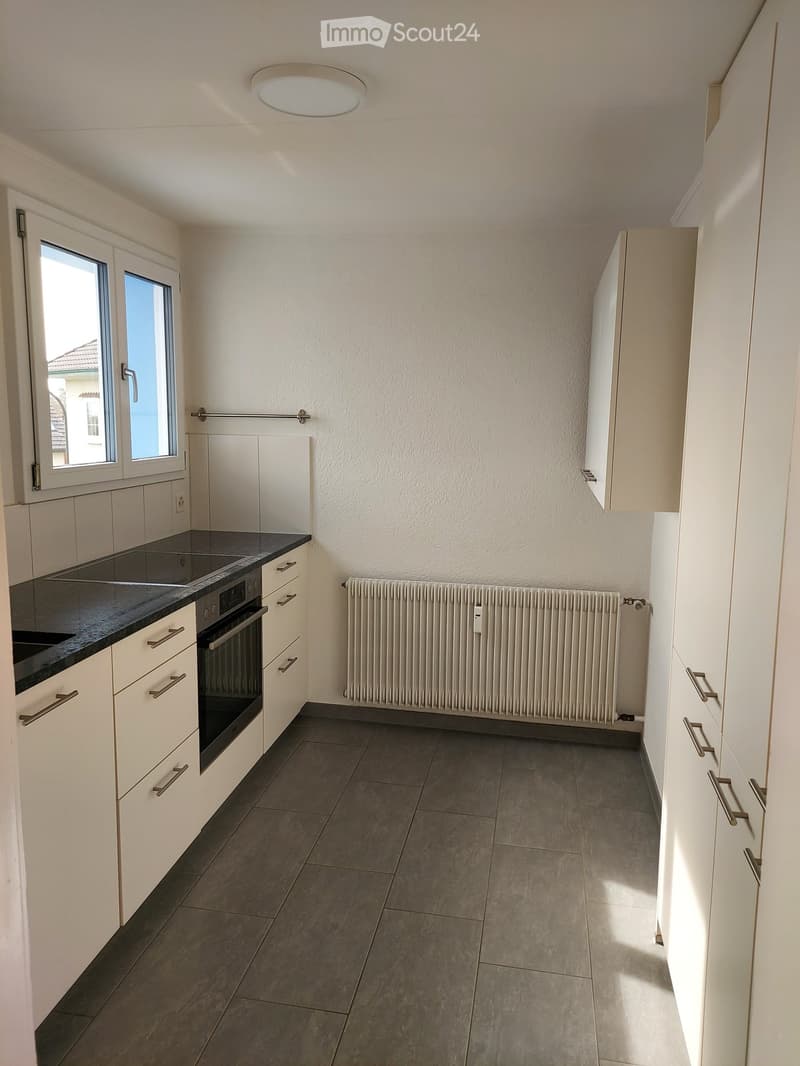 Modern kitchen with white cabinets, black countertop, built-in oven, radiator, and large windows.
