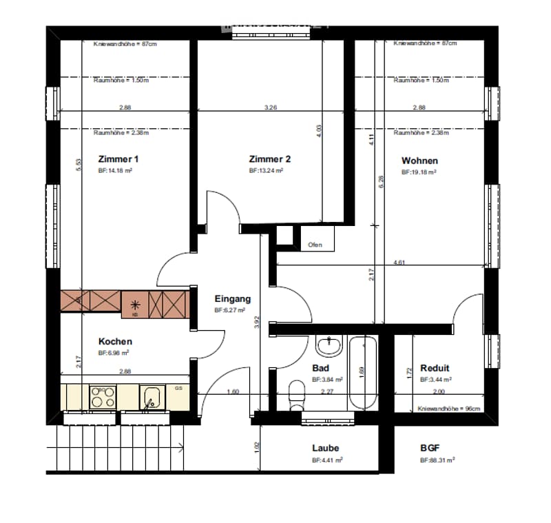 Floor plan of a 3-room apartment with kitchen, living room, bedroom, bathroom, and hallway.