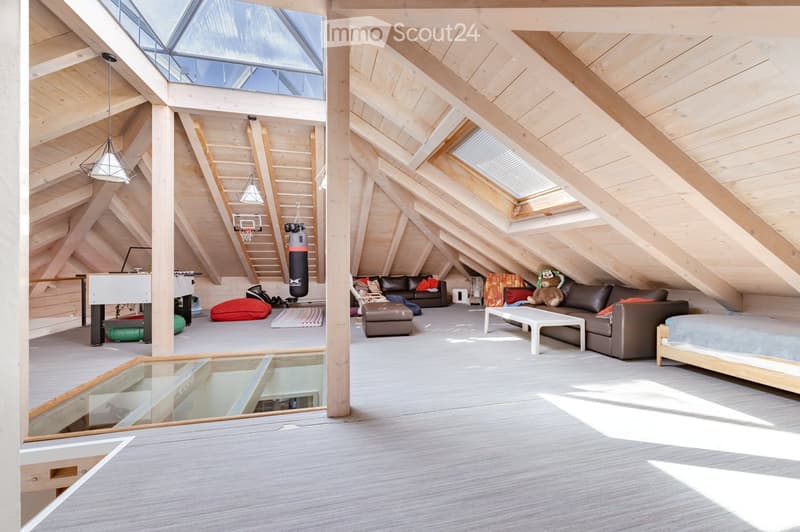 Open loft space with wooden beams, skylights, and modern furniture including a sofa, coffee table, ottoman, bed, and a punching bag.