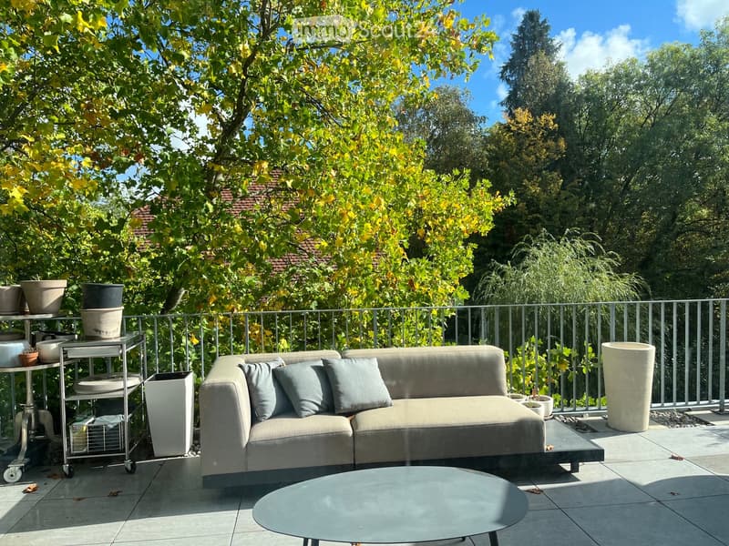 Balcony with a modern sofa, coffee table, side table, and potted plants, surrounded by trees and a clear blue sky.