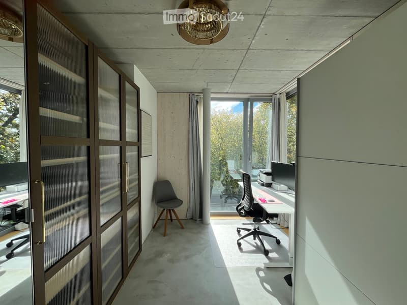 Modern office space with a sleek desk, ergonomic chairs, computer setup, and large windows offering a view of greenery.