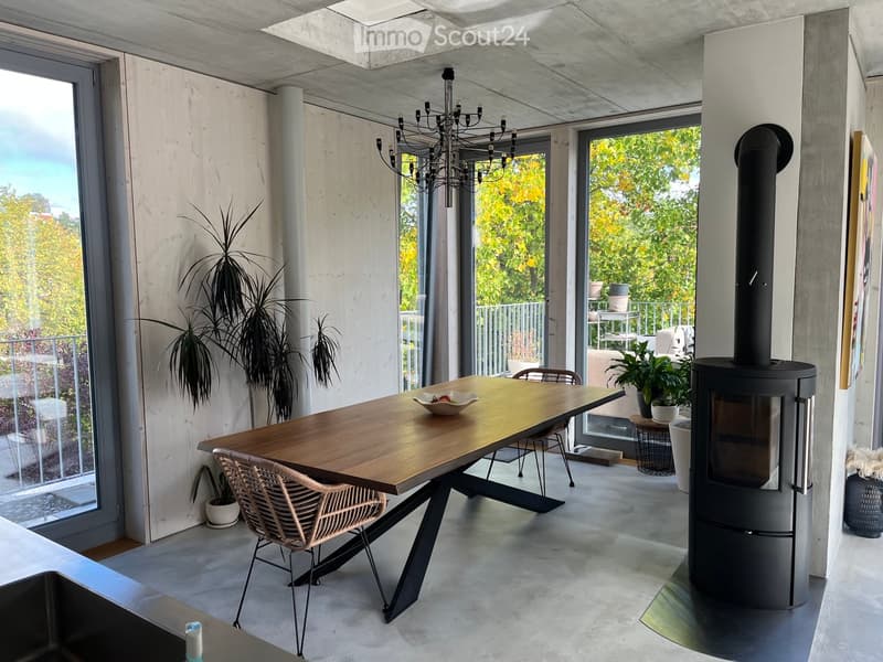 Modern dining area with a long wooden table, chairs, a chandelier, and a fireplace, with large windows and a view of the balcony.