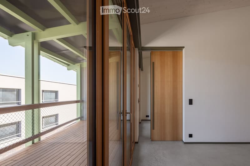 Modern hallway with wooden doors, glass partitions, and a view onto a wooden decked balcony area.
