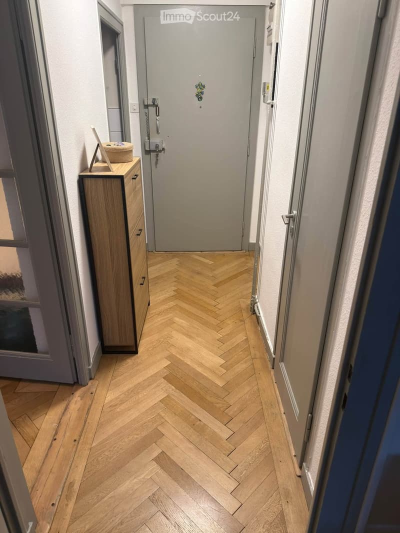 Hallway with herringbone wooden flooring, a small wooden cabinet with drawers on the left, and a wicker basket on top.