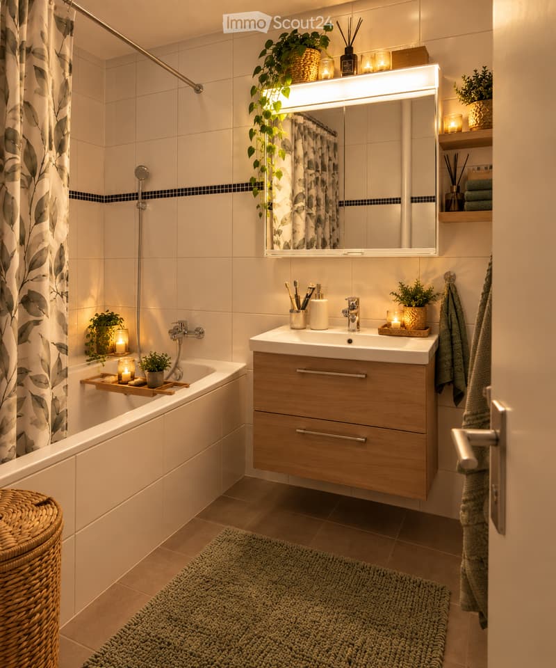 Modern bathroom with a bathtub, sink, mirror, and wooden cabinet. Features include a leafy shower curtain, decorative plants, candles, and a woven basket.