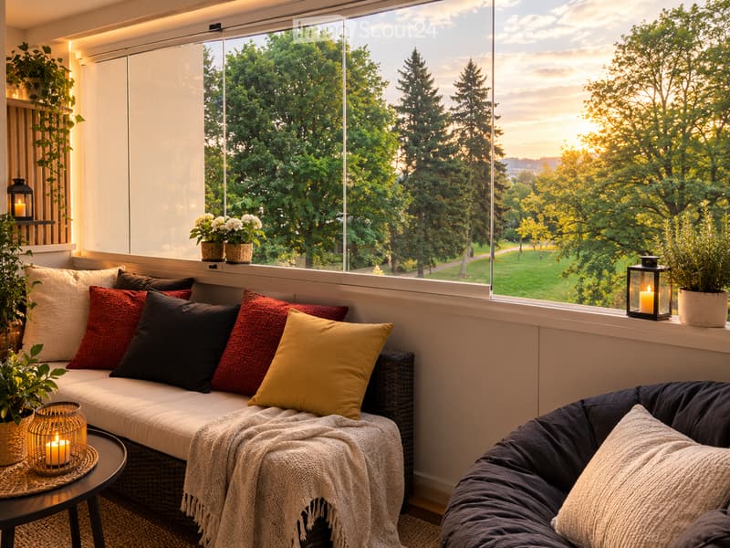 Cozy living room with large windows overlooking a park, featuring a white sofa with colorful pillows, a coffee table with a candle, and potted plants on the windowsill.