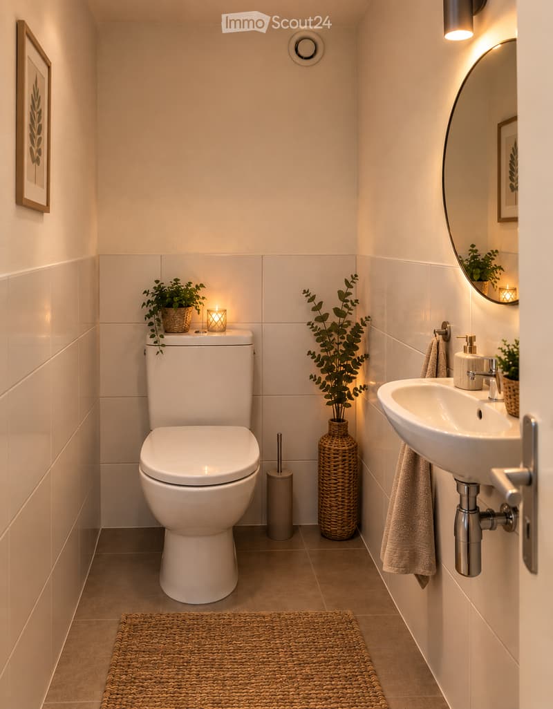 Modern bathroom with white tiles, a toilet, a sink with a mirror, a towel, a decorative vase with plants, and a candle on the toilet tank.