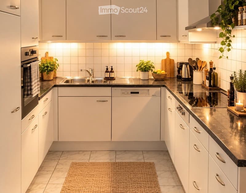 Modern kitchen with white cabinets, stainless steel appliances, and a black countertop. Features include an oven, sink, dishwasher, induction stove, and various kitchen utensils. Potted plants and a candle add a touch of decor.