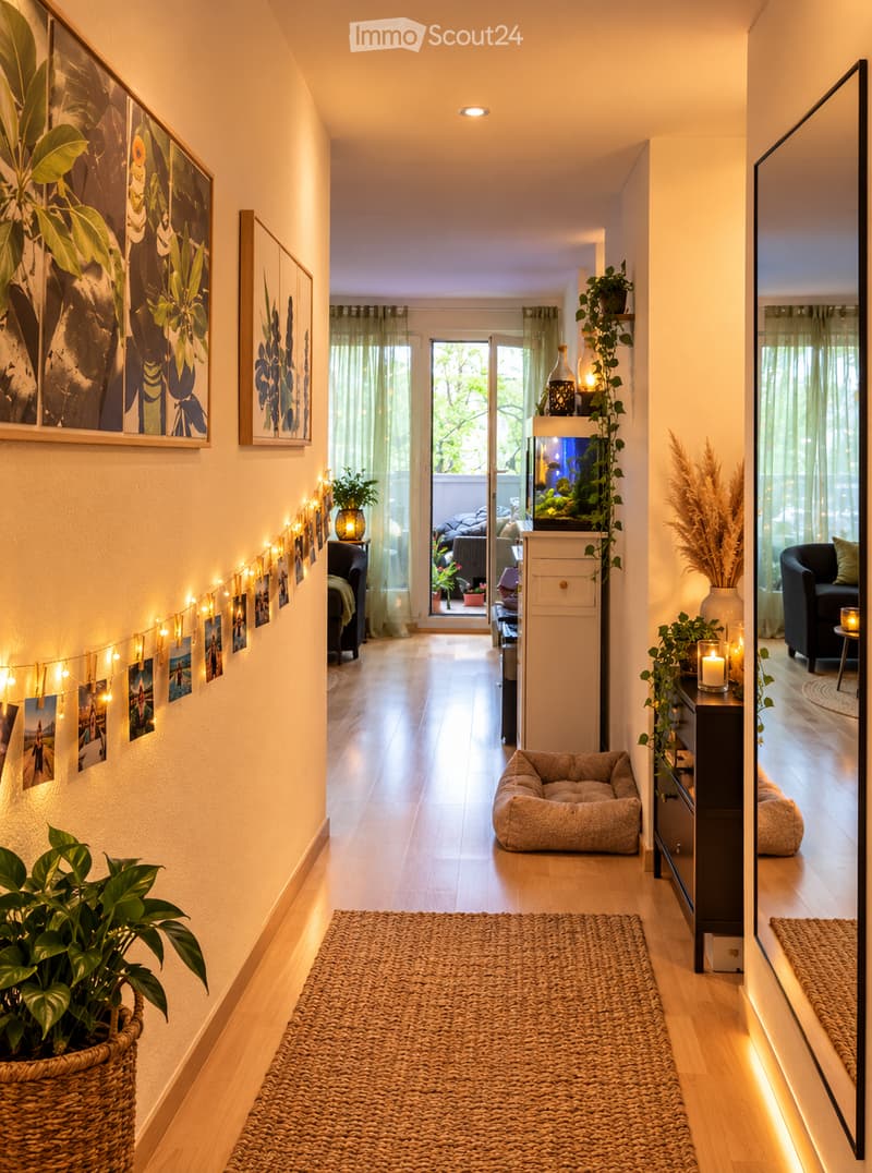 Well-lit hallway with wooden flooring, string lights, framed artwork, potted plants, and a pet bed. The hallway leads to a living area with a sofa, fish tank, and additional decor.