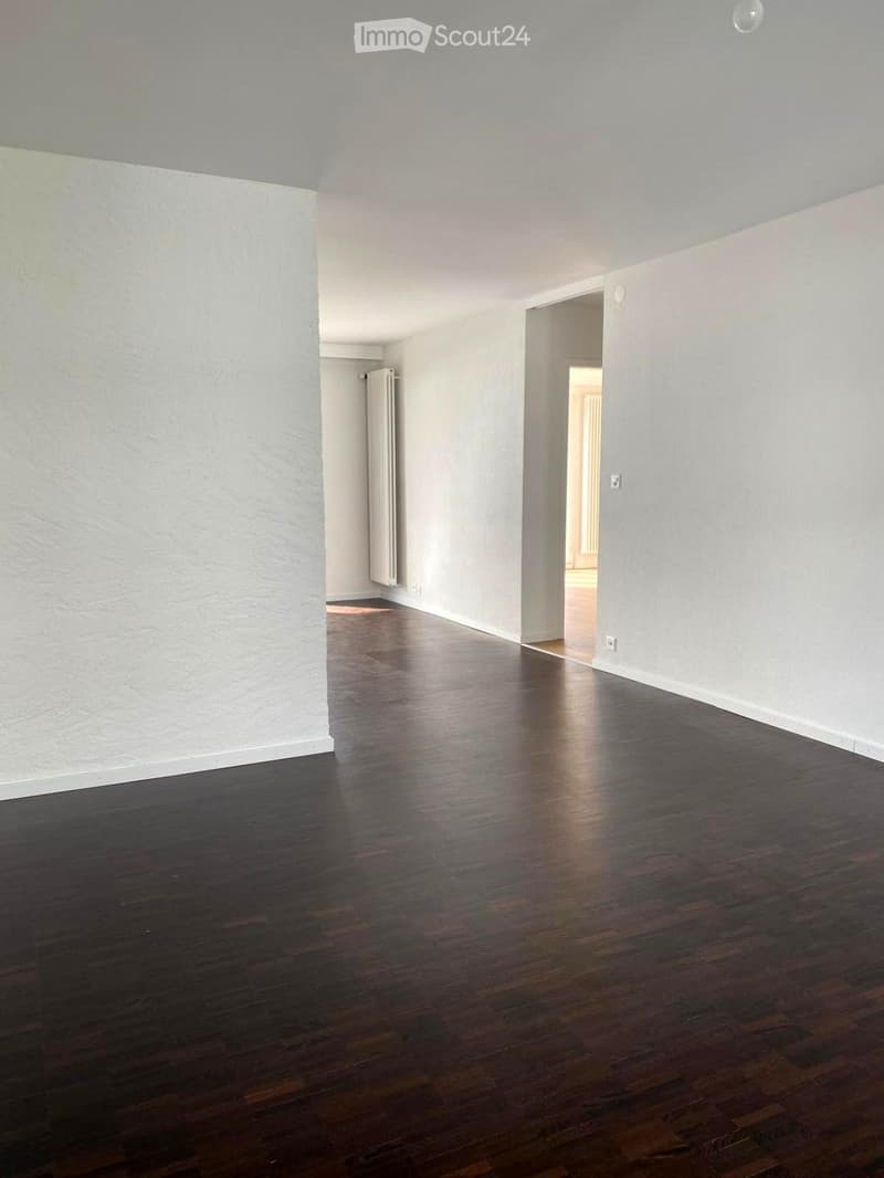 Empty room with dark wooden flooring and white walls, featuring a radiator and an open doorway leading to another room.