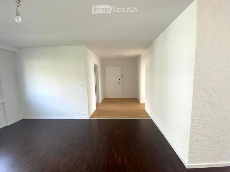 Empty hallway with light wooden flooring and white walls, featuring a closed door at the end.