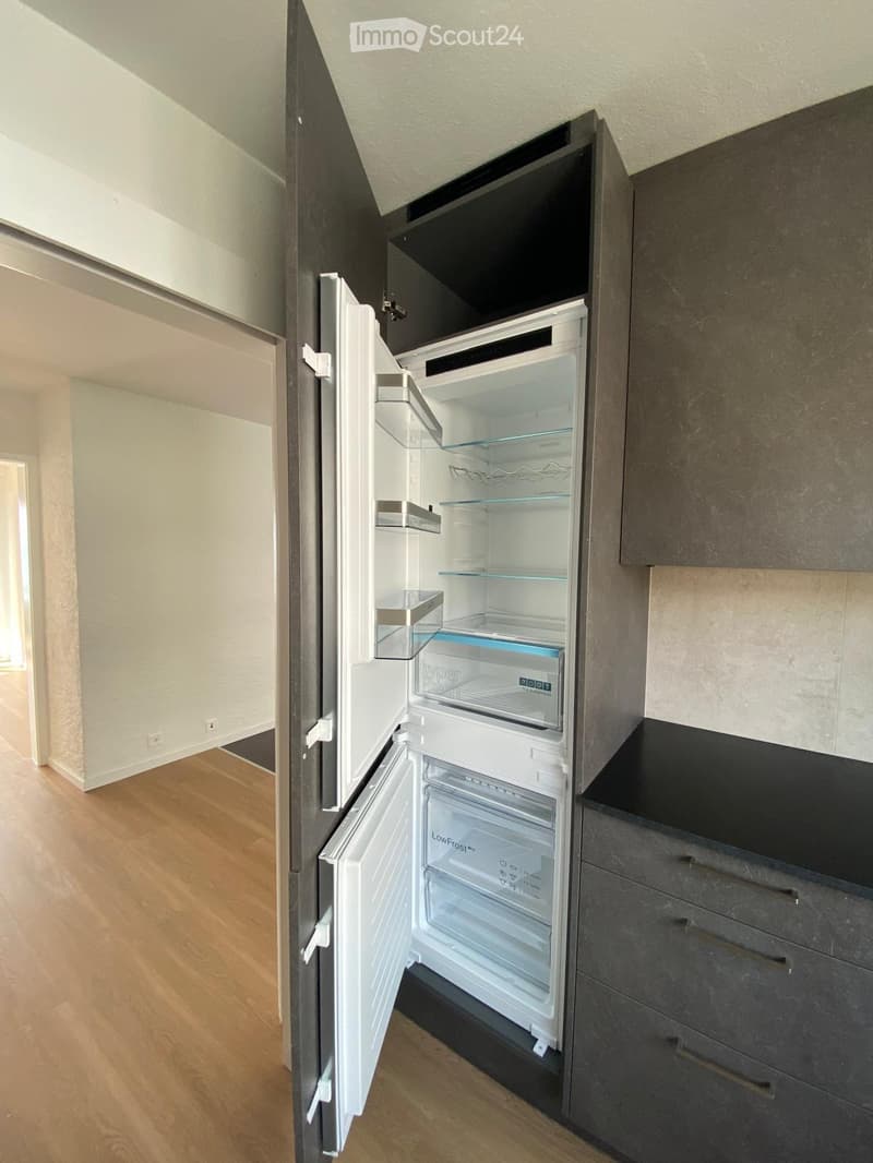 Modern kitchen with dark grey cabinets, a stainless steel refrigerator with open doors, and a light wooden floor.