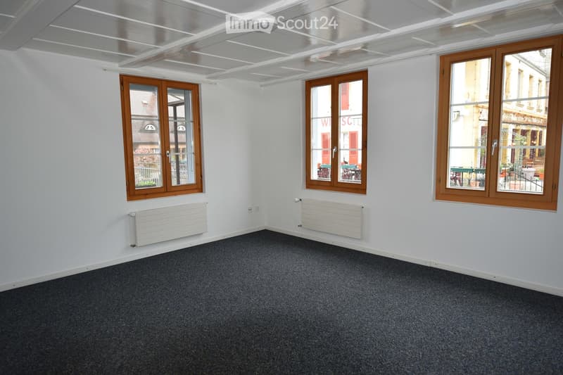 Empty room with white walls, grey carpet, three windows with wooden frames, and white radiators beneath the windows.