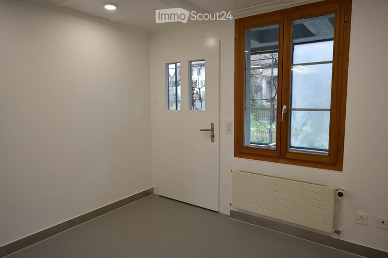 Empty room with white walls, grey carpeted floor, white door, and large window with wooden frame. Radiator is visible under the window.
