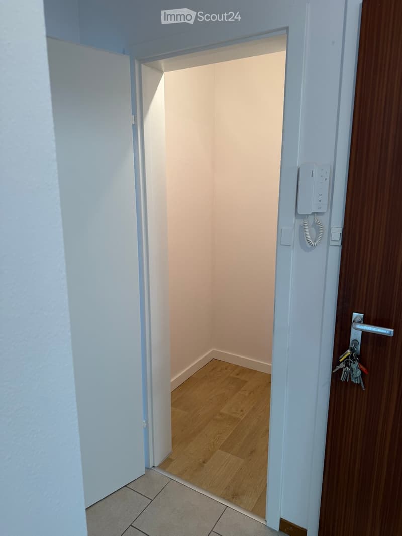 Empty room with light wooden flooring and white walls, viewed from a doorway.