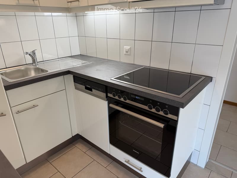 Modern kitchen with white cabinets, stainless steel sink, electric stove, oven, and dishwasher.