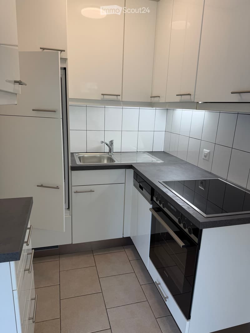 Modern kitchen with white cabinets, stainless steel sink, oven, and stove. Features tiled walls and a tiled floor.