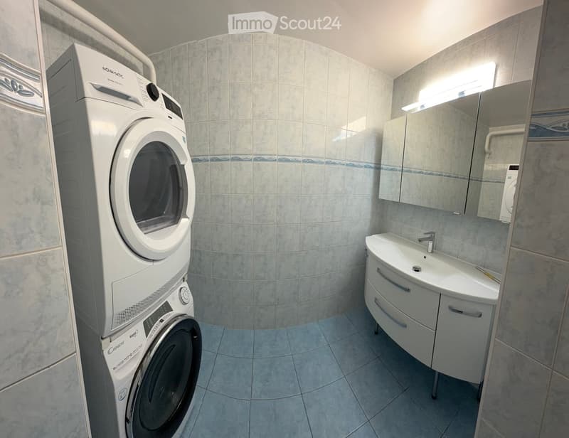 Modern bathroom with a washing machine, sink, mirror, and cabinet.