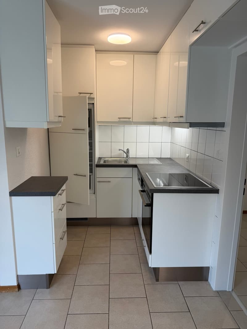 Modern kitchen with white cabinets, stainless steel sink, and built-in oven. Features tiled flooring and recessed lighting.