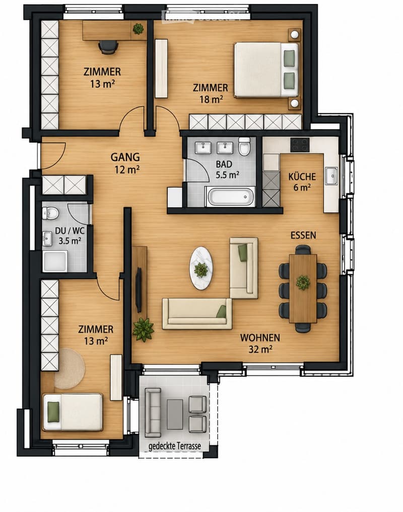 Floor plan of a 2-room apartment with a living area, dining area, kitchen, two bedrooms, and a bathroom. Includes a covered terrace.