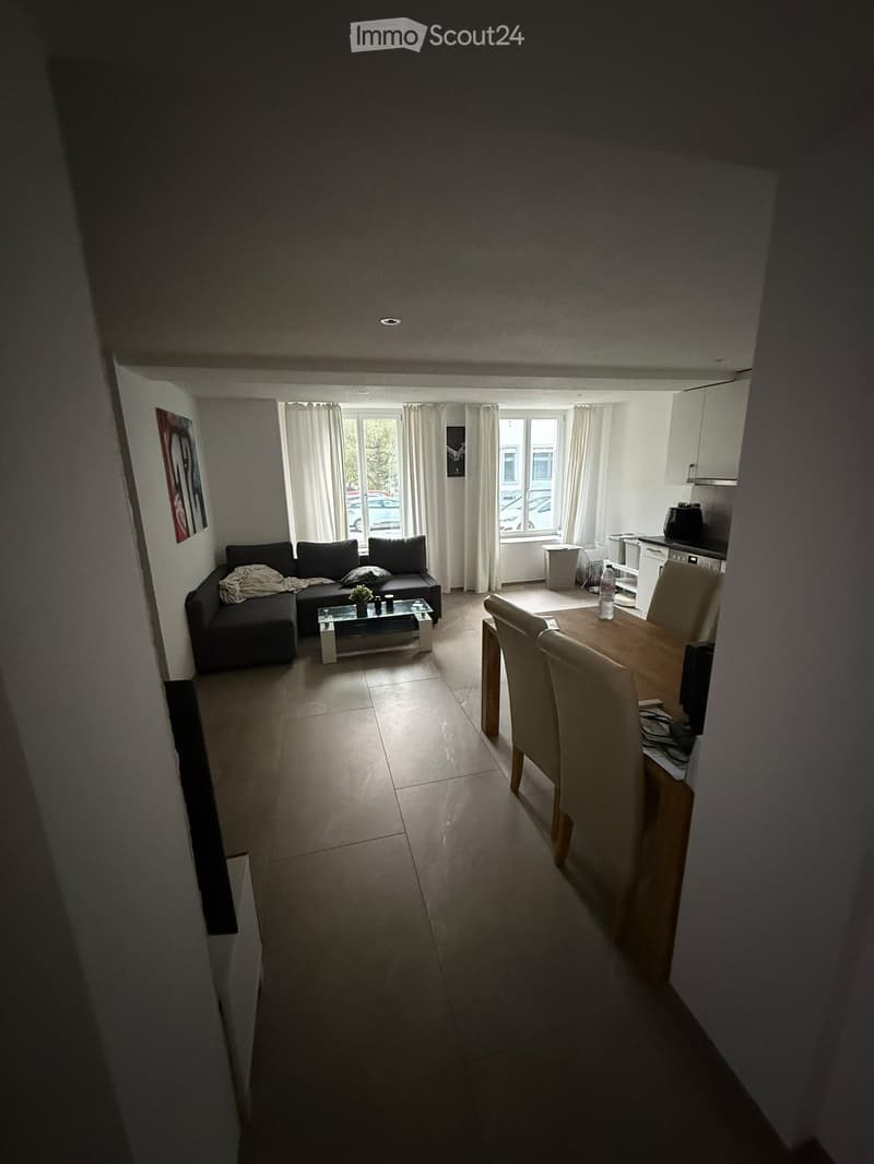 A modern, open-plan living and dining area with a dark grey sectional sofa, a glass coffee table, a wooden dining table with chairs, and a small kitchen area with cabinets, an oven, and a microwave.