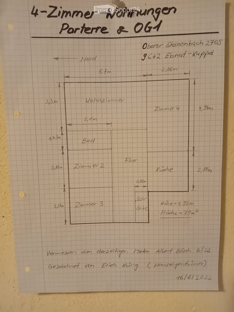 Floor plan of a 4-room apartment on the ground floor and first floor, including living room, kitchen, bedrooms, and bathroom.