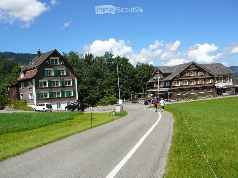 Two-story traditional Swiss houses with pitched roofs, green shutters, and white trim, surrounded by green grass and trees.