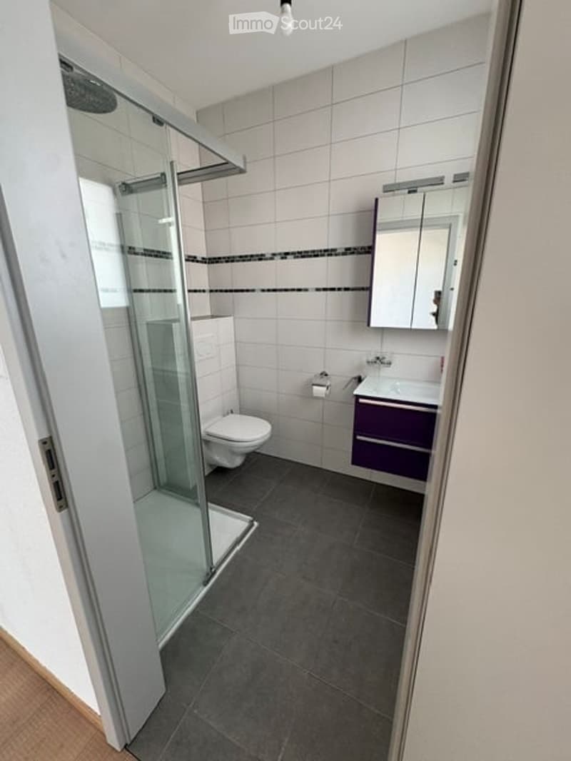 Modern bathroom with white tiled walls, a glass-enclosed shower, a toilet, a sink with a mirror, and a purple cabinet.