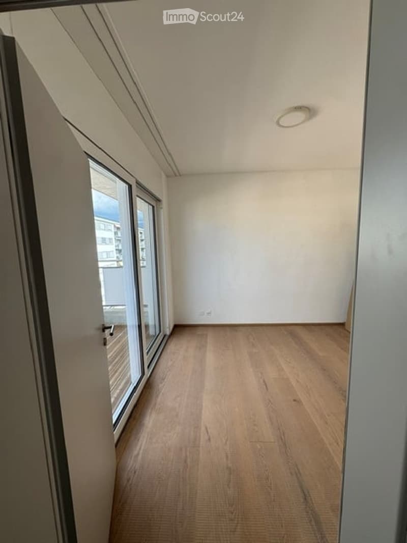 Empty room with wooden flooring, white walls, large windows, and a ceiling light fixture.