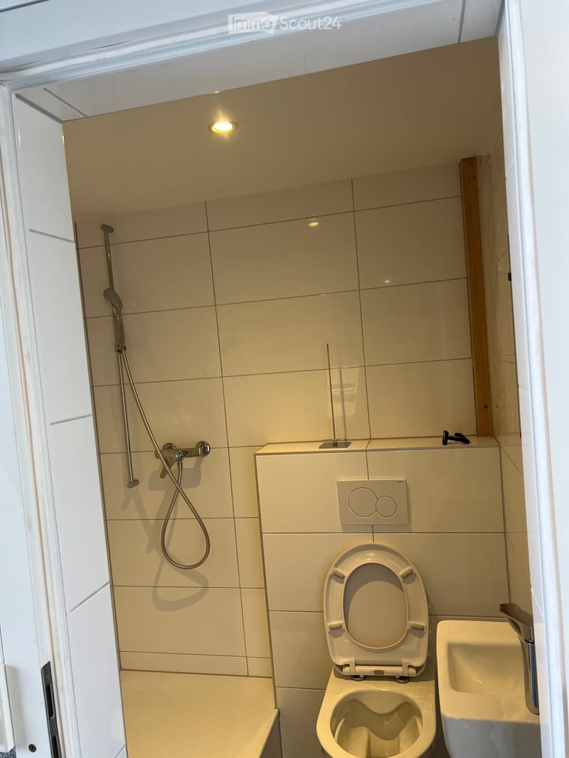Modern bathroom with white tiles, a toilet, a shower, and a sink.