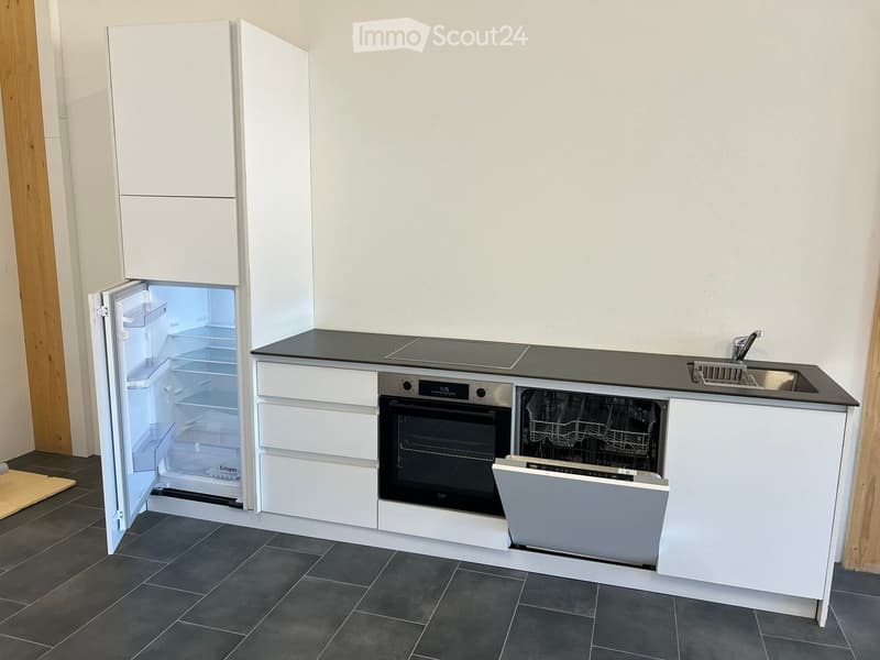 Modern kitchen with white cabinets, stainless steel appliances, and a dark countertop.
