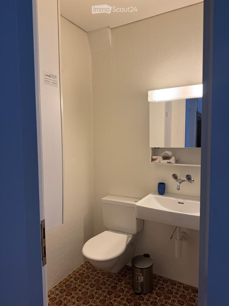 Compact bathroom with a toilet, sink, mirror, and a small trash can. The sink has a modern faucet and a blue cup placed on it. The walls are light-colored, and the floor has a patterned design.