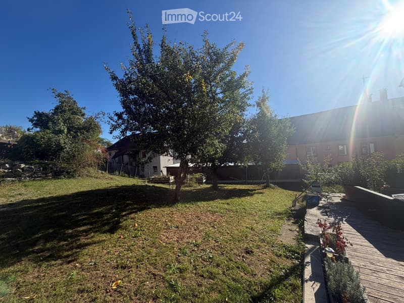 Garden with grass, trees, wooden deck, and surrounding houses.